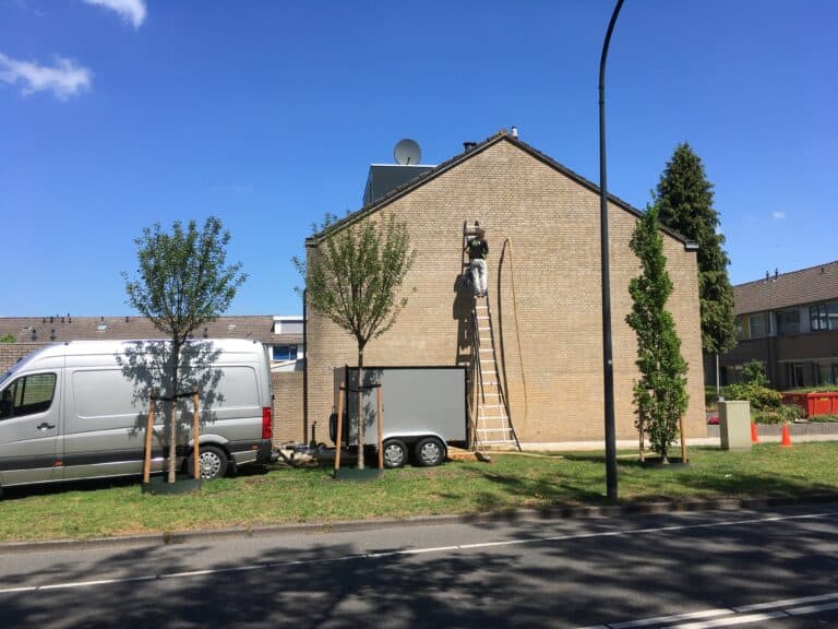 Gevel met zichtbare gevelvervuiling voor de reiniging